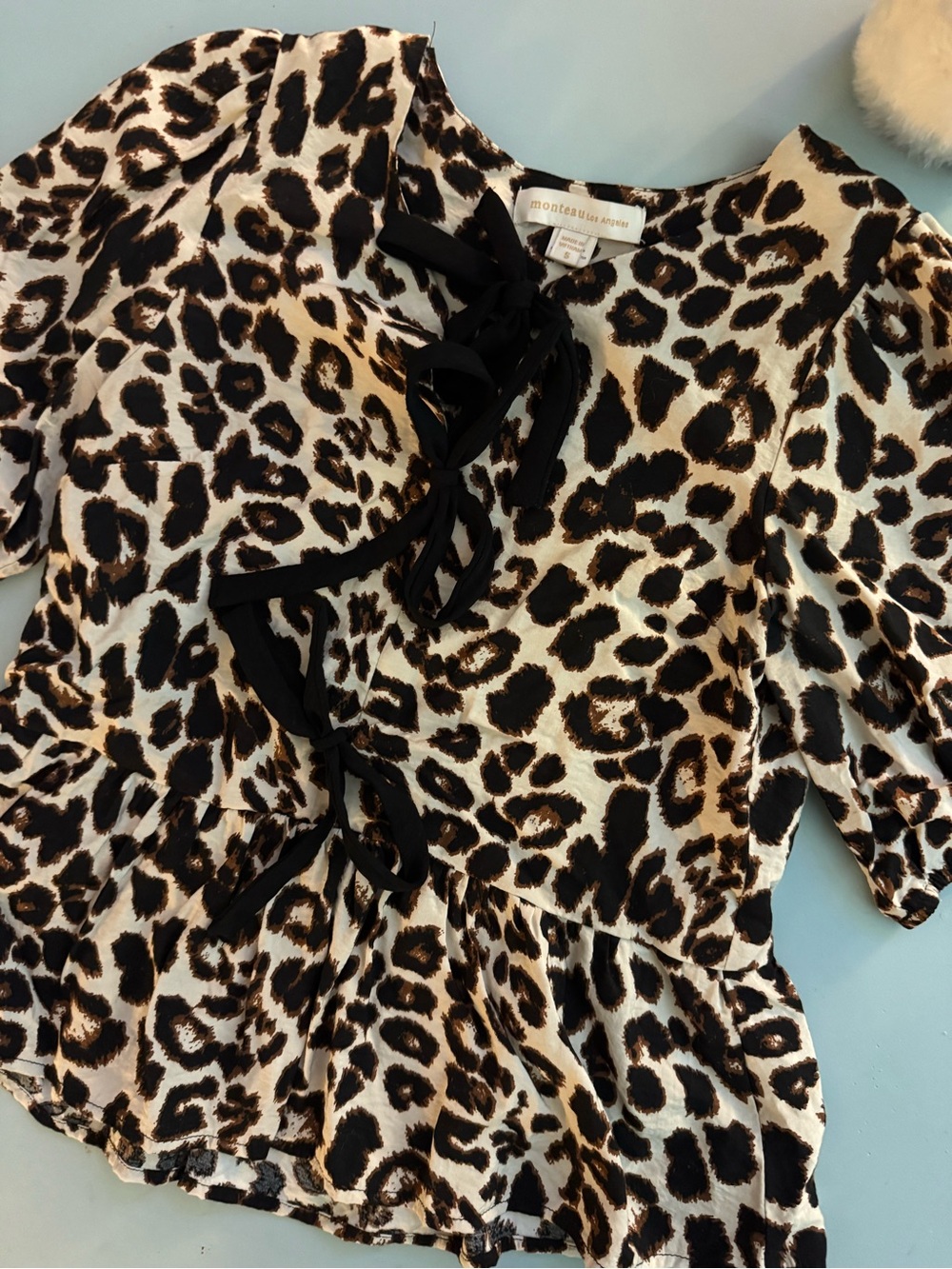 Monteau Women’s Leopard Print Tie-Front Blouse - Black & Cream Size S